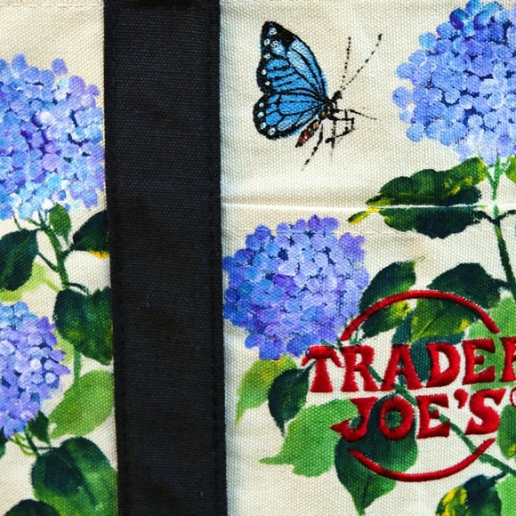 Trader Joe’s Mini Canvas Tote Hand Painted Blue Hydrangea Butterfly New - Picture 3 of 4